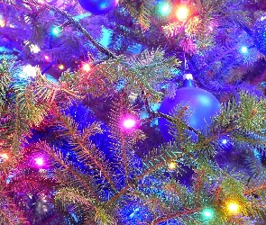 Boże Narodzenie, Lampki, Gałązki, Choinka, Świerk, Bombki