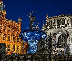 Gdańsk, Noc, Ratusz, Polska, Dwór Artusa, Fontanna Neptuna, Muzeum Historii Miasta Gdańska
