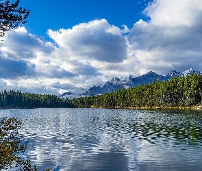 Góry, Chmury, Drzewa, Las, Jezioro