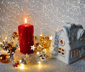 Domek, Bombki, Świeca, Lampion, Boże Narodzenie