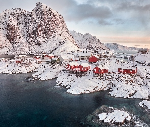 Norwegia, Lofoty, Zima, Domy, Góry, Chmury