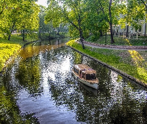 Dom, Drzewa, Rzeka, Park, Motorówka, Zielone