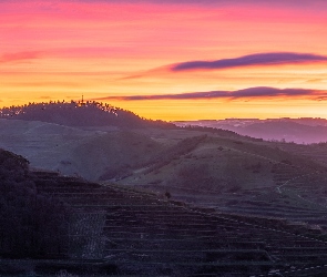 Pola, Wschód słońca, Wzgórza, Panorama, Badenia-Wirtembergia, Winnice, Niemcy, Kaiserstuhl