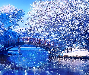 Rzeka, Most, Grafika, Drzewa, Zima, Śnieg, Dziewczyna