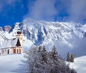 Zima, Kościół, Drzewa, Góry, Śnieg