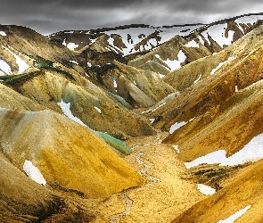Islandia, Śnieg, Tęczowe Góry, Wąwóz, Landmannalaugar