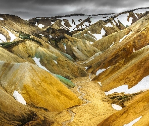 Landmannalaugar, Śnieg, Wąwóz, Tęczowe Góry, Islandia