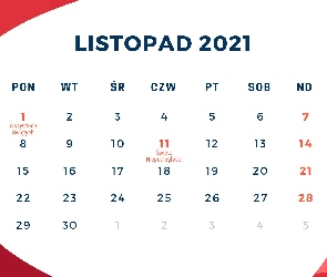 2021, Listopad, Kalendarz, Miesiąc