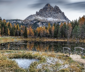 Włochy, Antorno Lake, Masyw, Mostek, Jezioro, Dolomity, Drzewa, Tre Cime di Lavaredo, Prowincja Belluno, Góry