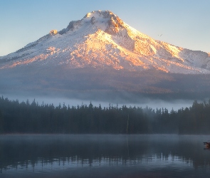 Jezioro, Poranek, Stany Zjednoczone, Góra, Mount Hood, Stratowulkan, Mgła, Stan Oregon, Rybak, Łódka, Lasy