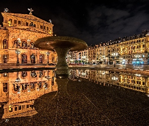 Frankfurt nad Menem, Ulica Miasto nocą, Opery, Niemcy, Opera, Noc, Oświetlenie, Alte Oper, Odbicie, Fontanna, Plac, Domy