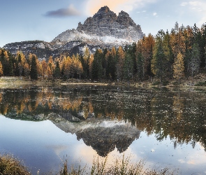 Jezioro, Prowincja Belluno, Tre Cime di Lavaredo, Włochy, Drzewa, Masyw, Antorno Lake, Góry, Dolomity