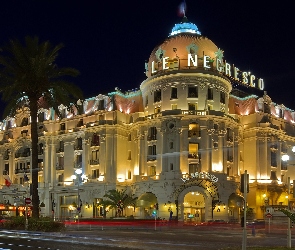 Noc, Światła, Francja, Hotel Negresco, Nicea, Ulica