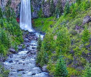 Wodospad, Stan Oregon, Drzewa, Stany Zjednoczone, Las, Skały, Tumalo Falls, Rzeka, Tumalo Creek