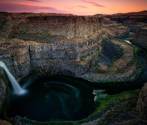 Stany Zjednoczone, Zachód słońca, Palouse River, Stan Waszyngton, Wąwóz, Wyżyna Kolumbii, Wodospad, Palouse Falls, Skały, Rzeka