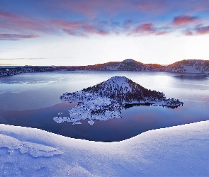Stany Zjednoczone, Stan Oregon, Śnieg, Park Narodowy Jeziora Kraterowego, Zima, Jezioro Kraterowe