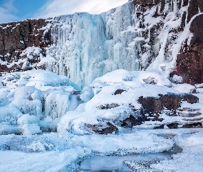 Islandia, Śnieg, Zima, Lód, Wodospad Oksararfoss