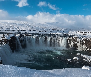Wodospad, Islandia, Zima, Śnieg, Godafoss