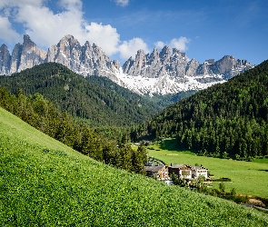 Trawa, Dolina Val di Funes, Santa Maddalena, Drzewa, Góry, Południowy Tyrol, Dolomity, Masyw Odle, Włochy, Wieś