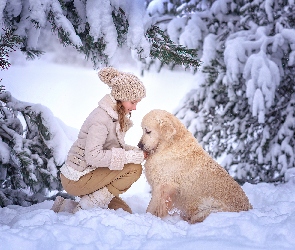 Zima, Drzewa, Golden retriever, Dziewczynka, Pies, Śnieg