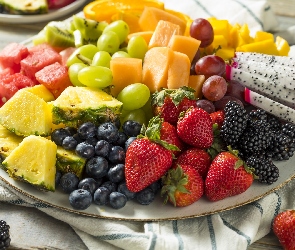 Owoce, Winogrona, Truskawki, Talerz, Ananas, Jagody, Jeżyny