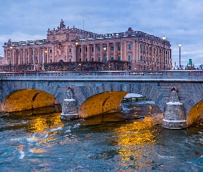 Stare Miasto, Riksdag, Sztokholm, Szwecja, Kamienny, Rzeka, Parlament, Most, Budynki