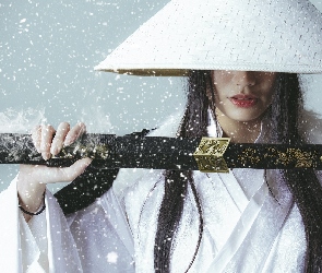 Azjatka, Śnieg, Kimono, Miecz, Białe