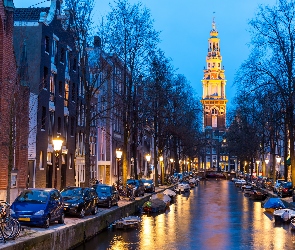 Amsterdam, Most, Kanał, Holandia, Kościół Zuiderkerk, Domy, Wieża