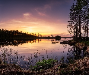 Park Narodowy Helvetinjarvi, Jezioro Haukkajarvi, Finlandia, Zachód słońca, Gmina Ruovesi, Drzewa