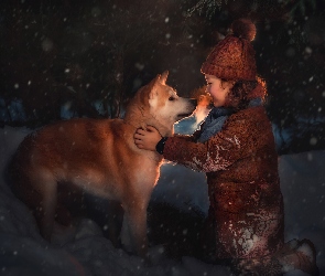 Pies, Zima, Śnieg, Akita inu, Dziewczynka