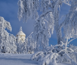 Rosja, Biała Góra, Drzewa, Obwód permski, Białogórski Monaster św Mikołaja, Kopuła, Zima, Śnieg, Cerkiew, Ośnieżone
