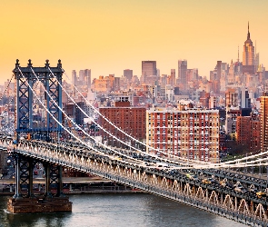 Nowy Jork, Manhattan, Most Brookliński, Stany Zjednoczone, Domy, Most, Brooklyn Bridge