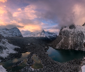 Kanada, Zima, Lake OHara, Chmury, Góry, Mary Lake, Kolumbia Brytyjska, Park Narodowy Yoho, Jezioro