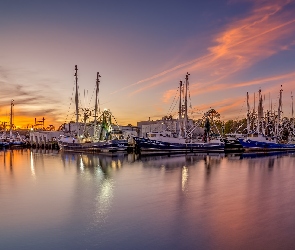 Zachód słońca, Żaglówki, Przystań, Port