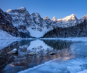 Lasy, Góry, Alberta, Zima, Jezioro Moraine, Kanada, Park Narodowy Banff