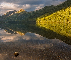 Góry, Jezioro, Las, Rozświetlony