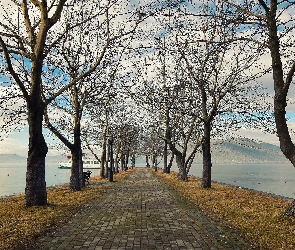 Jezioro, Statek, Drzewa, Droga, Jesień