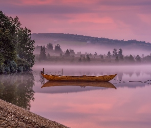 Łódka, Wzgórza, Drzewa, Mgła, Jezioro