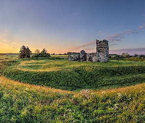 Anglia, Hrabstwo Dorset, Zachód słońca, Ruiny, Kościół, Knowlton