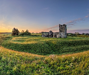 Zachód słońca, Kościół, Hrabstwo Dorset, Anglia, Knowlton, Ruiny