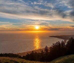 Zachód słońca, Morze, Kalifornia, Stany Zjednoczone, Stinson Beach, Ocean Spokojny