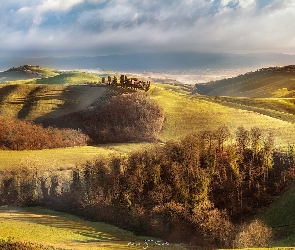 Toskania, Włochy, Jesień, Crete Senesi, Wzgórza, Drzewa, Asciano