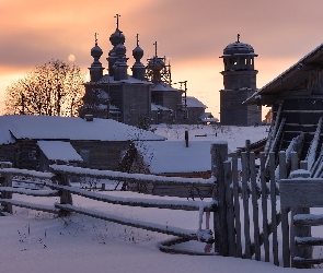 Obwód archangielski, Rosja, Zima, Kościół św Mikołaja, Dom, Ogrodzenie, Wieś Vorzogory