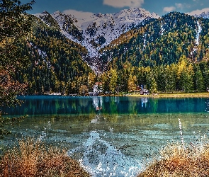 Ośnieżone, Drzewa, Jezioro, Szczyty, Lasy, Góry, Domy