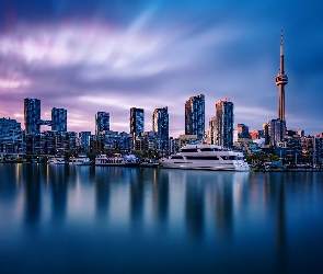 Wieżowce, Wieża CN, Kanada, Jezioro Ontario, Toronto, Jacht