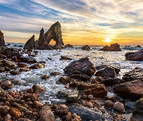 Hrabstwo Donegal, Zachód słońca, Crohy Head, Irlandia, Morze, Skały, Kamienie