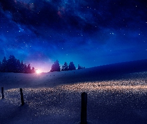 Zima, Drzewa, Niebo, Noc, Gwiazdy, Wzgórza