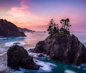 Stany Zjednoczone, Skały, Wschód słońca, Drzewa, Morze, Wybrzeże, Samuel H Boardman State Scenic Corridor, Park stanowy, Oregon, Wysepka