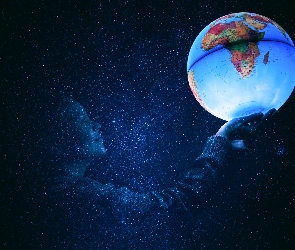 Globus, Gwiazdy, Noc, Kobieta, Ziemia, Planeta, Światło, Lampa