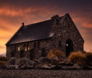 Kościół Dobrego Pasterza, Nowa Zelandia, Wyspa Południowa, Church of the Good Shepherd, Zachód słońca